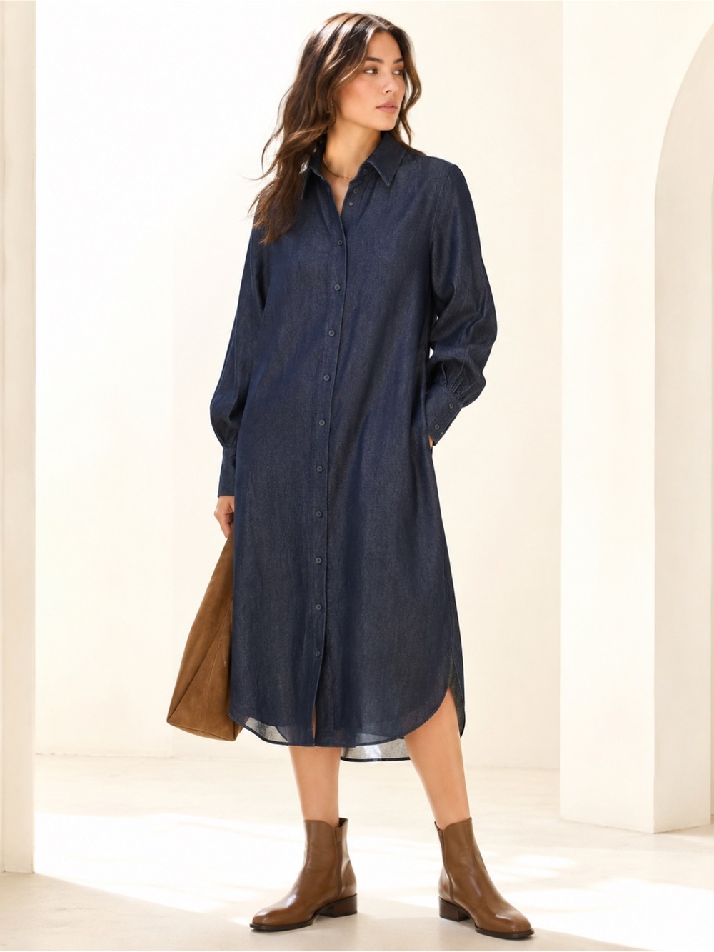 COS Dark Indigo Chambray High Low Shirt Dress Puff Sleeve Sz 6 Oversized
